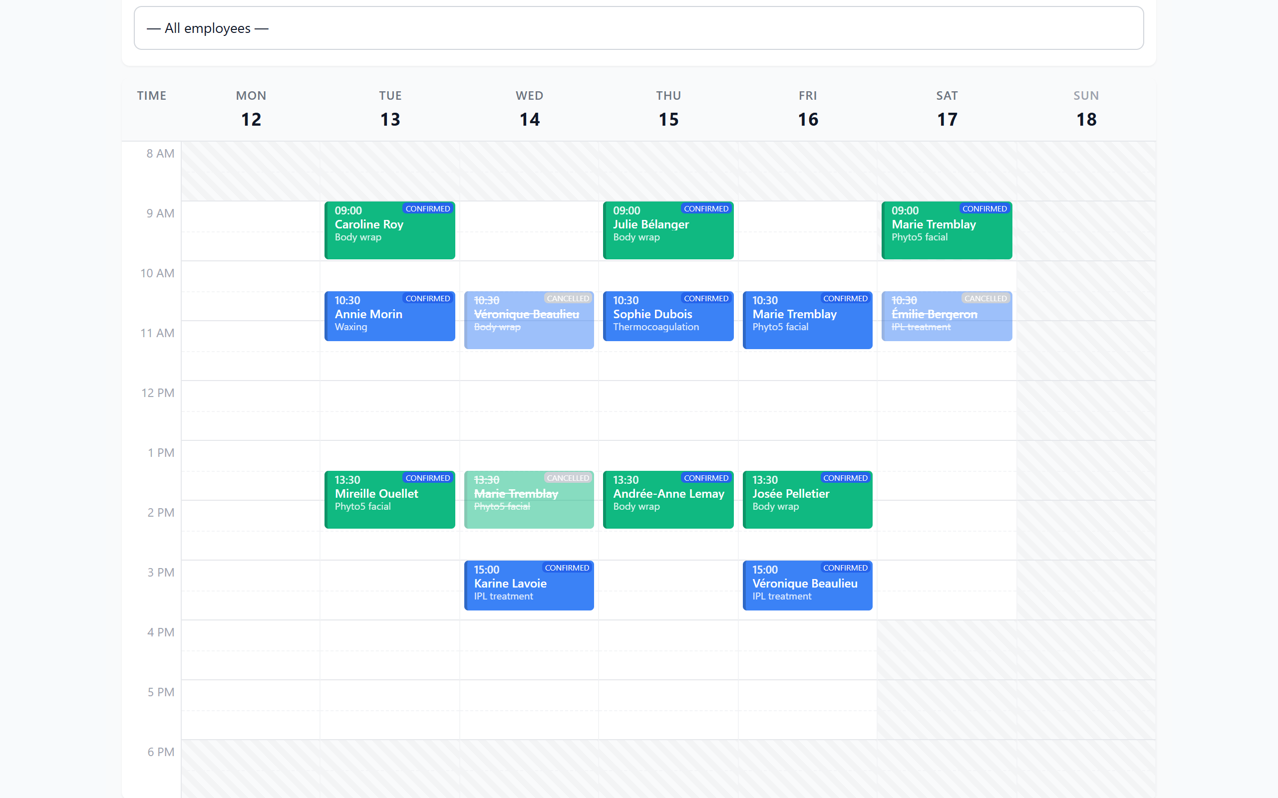 Clairgest weekly calendar, with colour-coded appointments