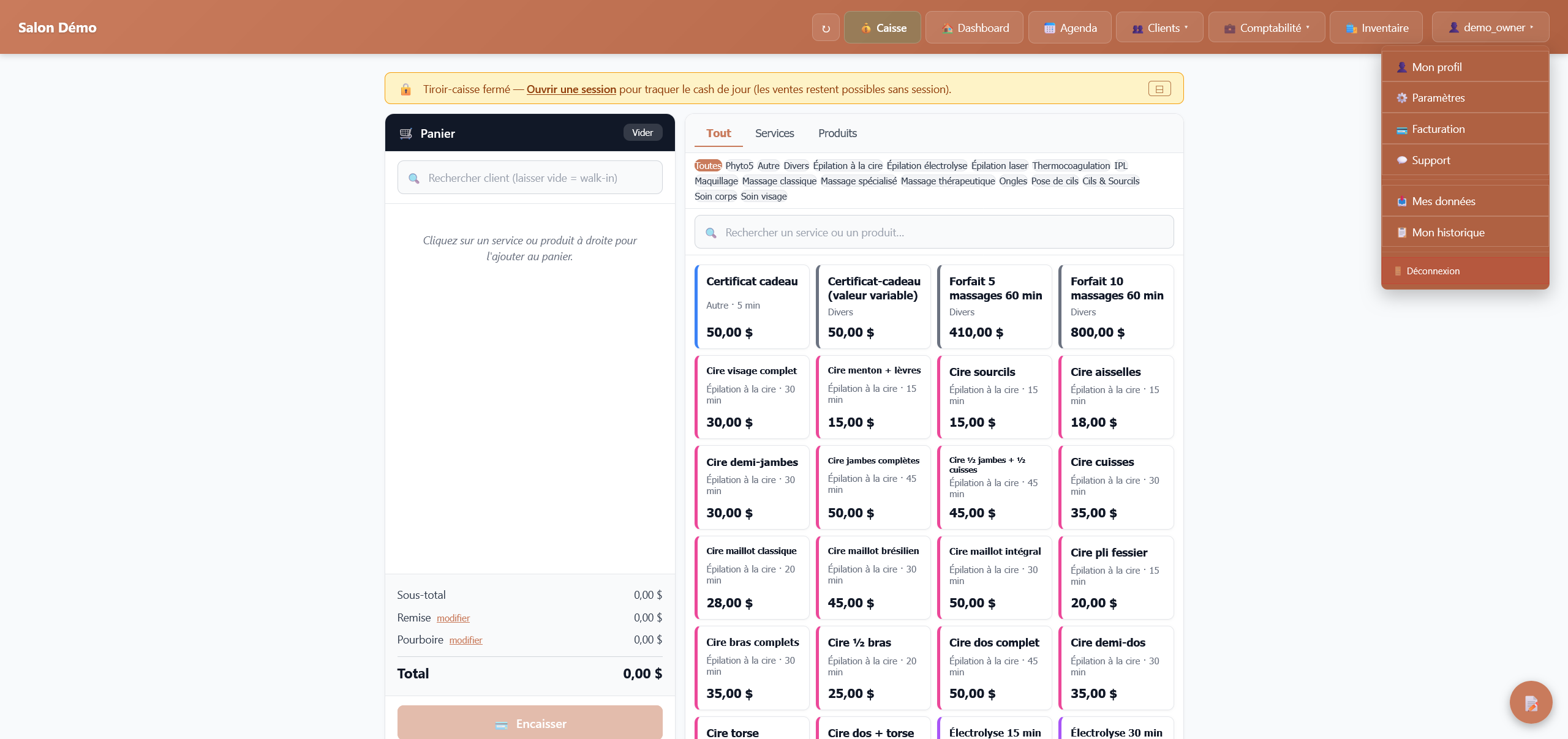 Checkout with services and products, client cart, total (French interface — English coming soon)