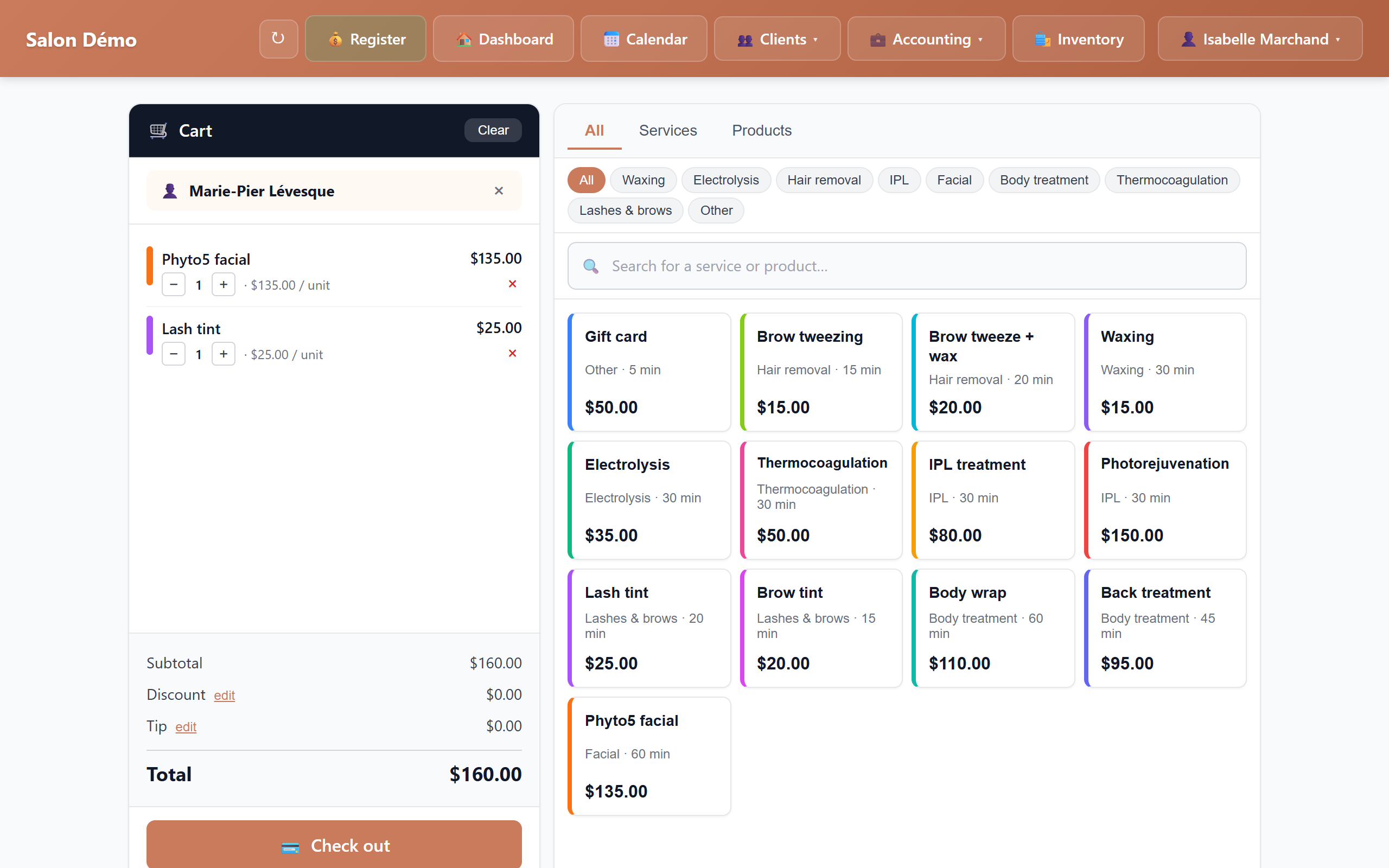 Checkout with services and products, client cart, total