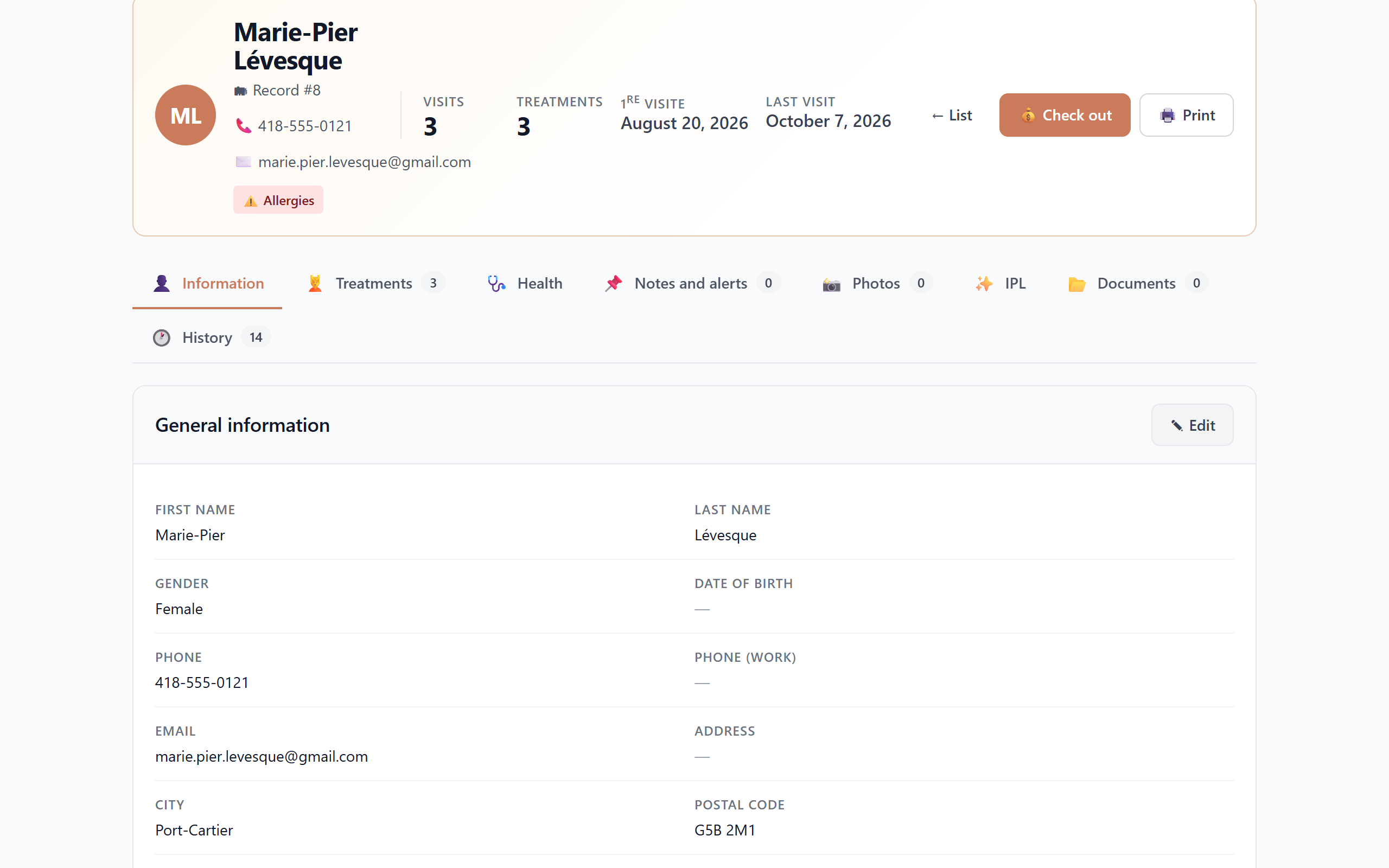Client record with contact details, an allergy flag, and visit and treatment counts