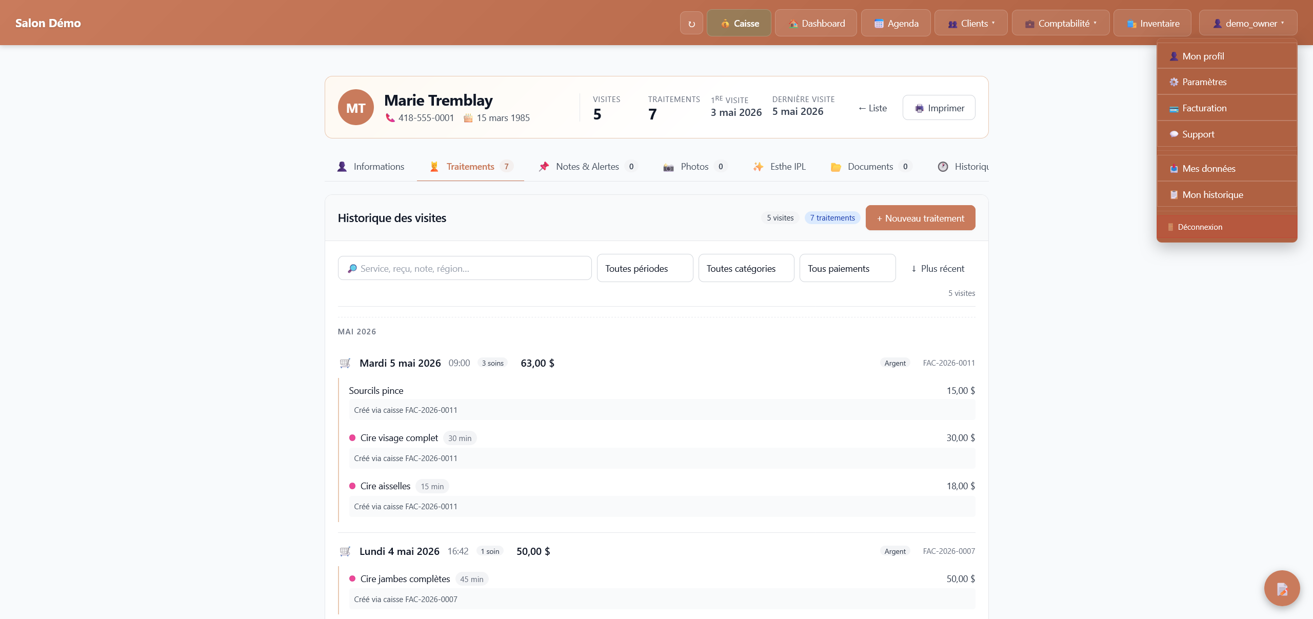 A client's treatment history with dates and amounts (French interface — English coming soon)
