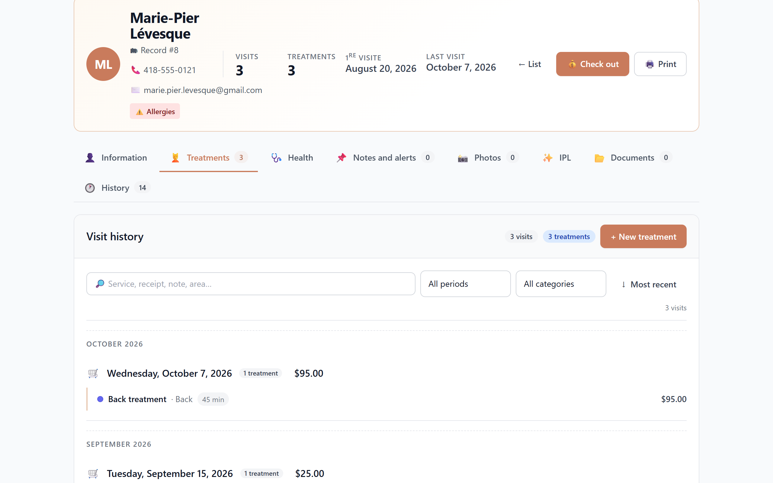 A client's treatment history with dates and amounts