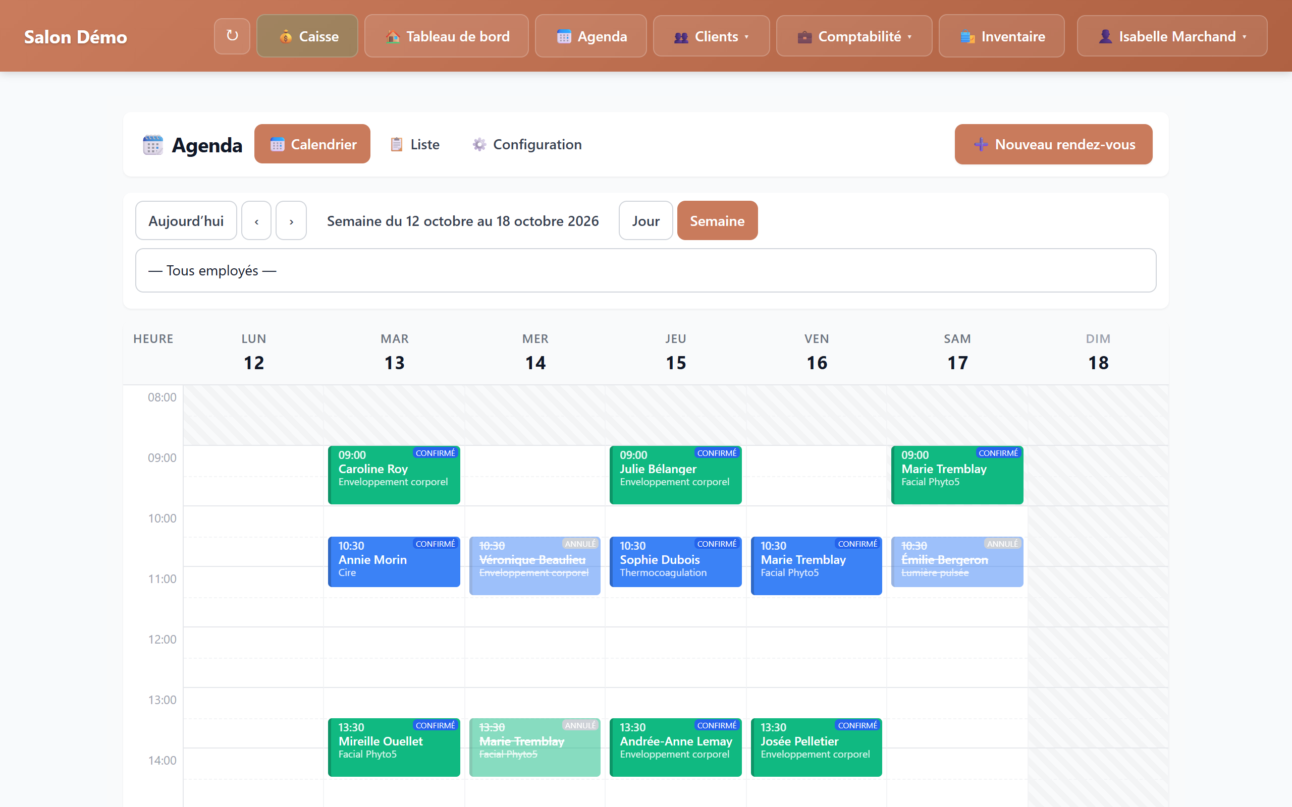 Agenda Clairgest : la semaine du salon, avec les rendez-vous confirmés et annulés de chaque cliente