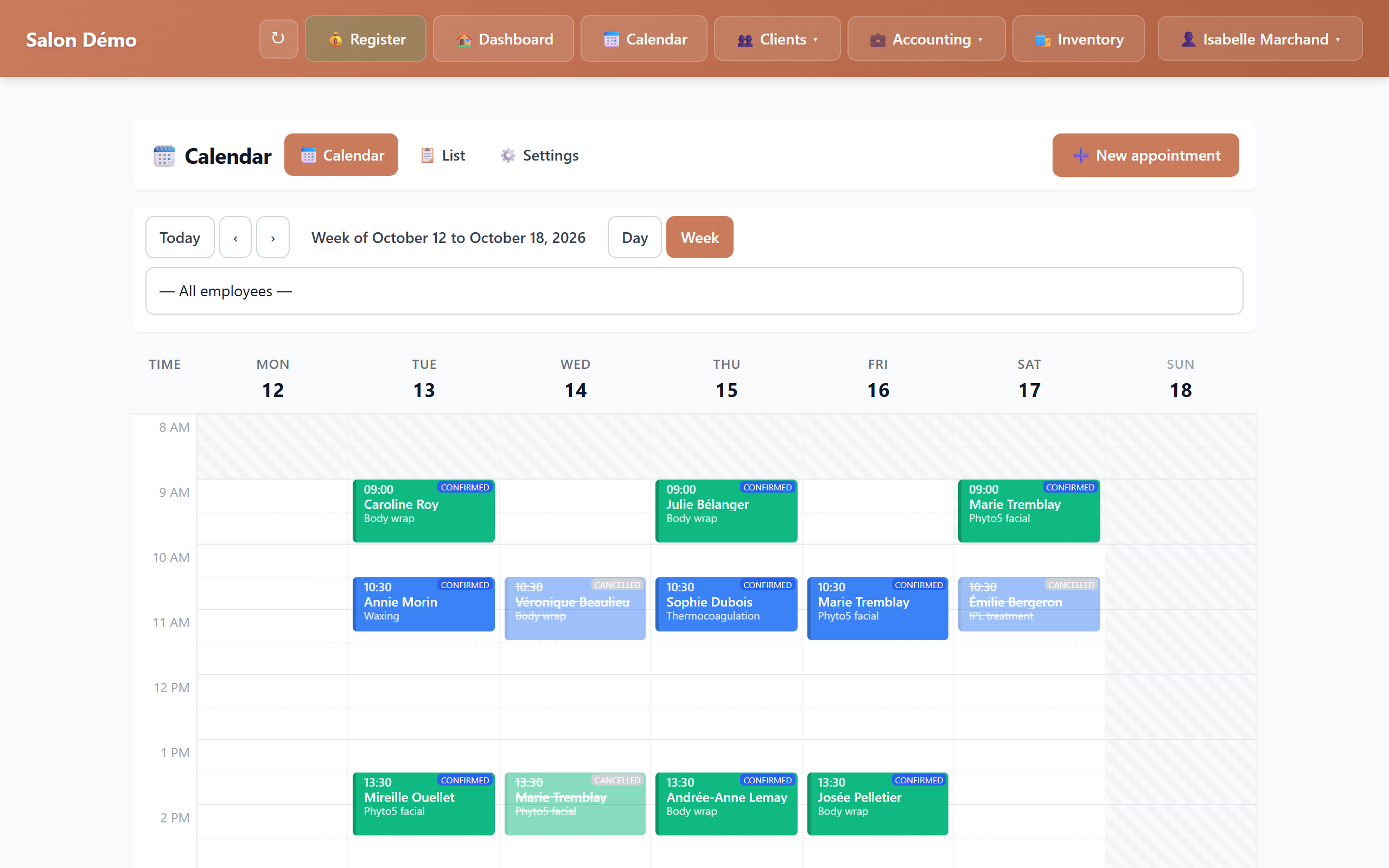 Clairgest calendar: the salon's week, with each client's confirmed and cancelled appointments