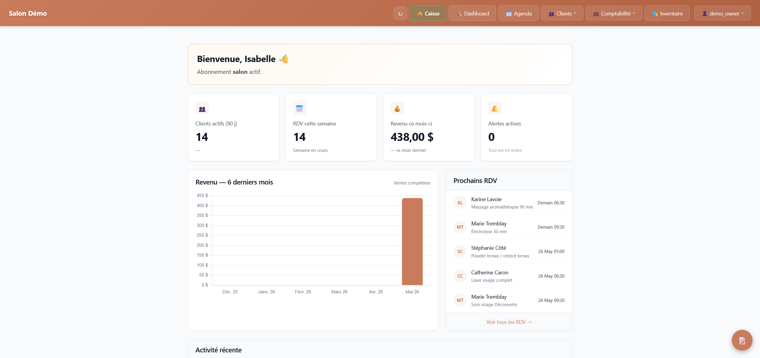 Clairgest dashboard showing today's appointments, monthly revenue, and upcoming clients (French interface — English coming soon)